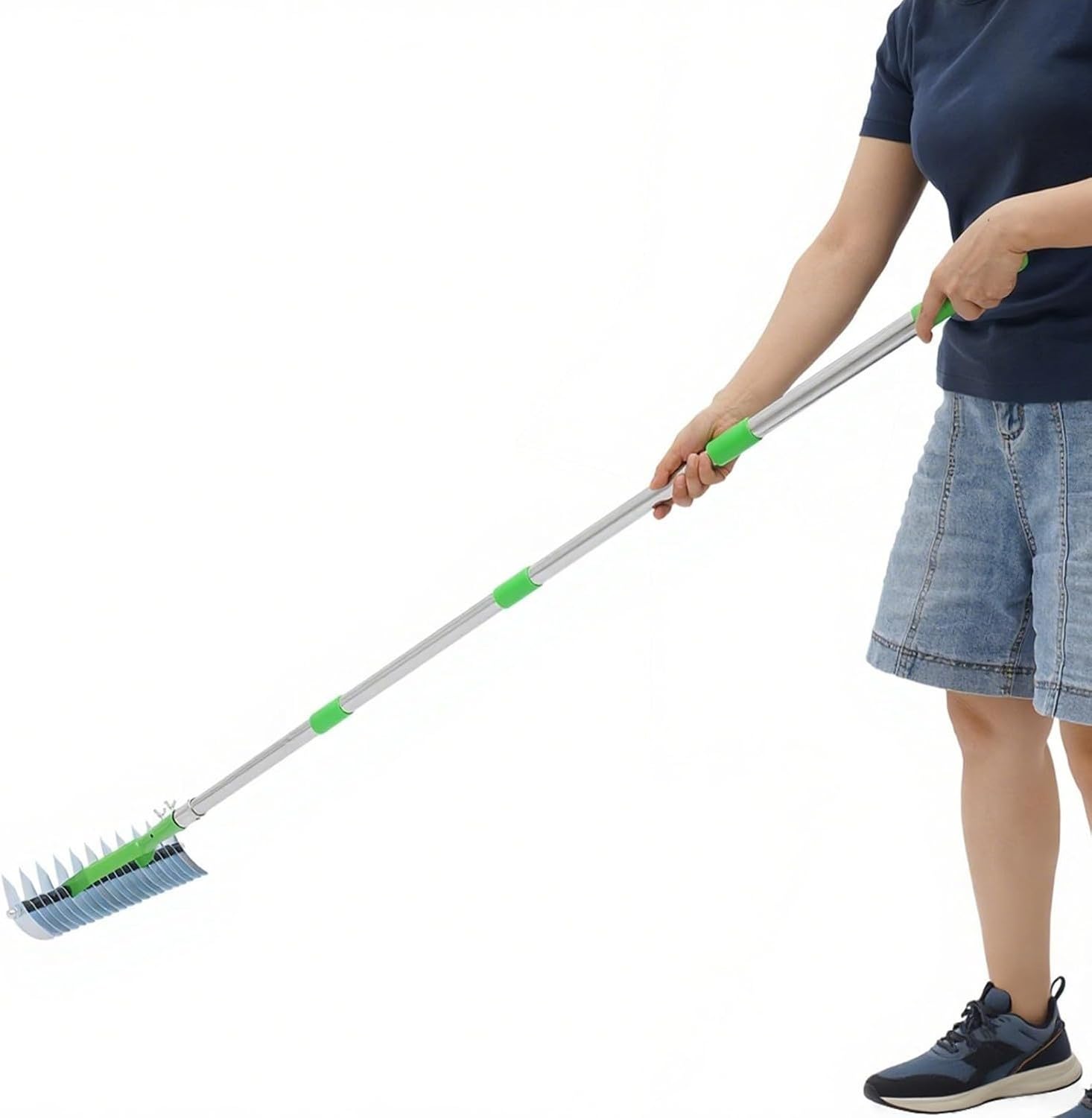 Rastrello Scotico per Prato, Manico Regolabile 1,7m, 21 Rebbi Curvi, Acciaio al Carbonio e Inox, Arieggiatore per Rimuovere Muschio, Secca e Detriti per Gi