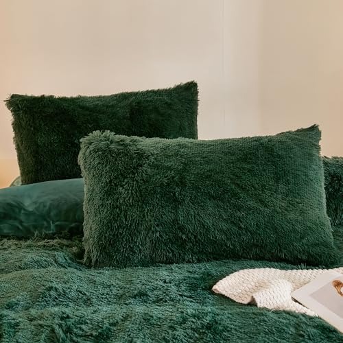 Andency Fluffy Emerald Green Comforter Set King Size, 3 Pieces Winter Faux Fur Warm Soft Fuzzy Plush Bedding Comforter Set (1 Velvet Comforter & 2 Pillowcases), Thick Heavy Puffy Comfy Bedding Set