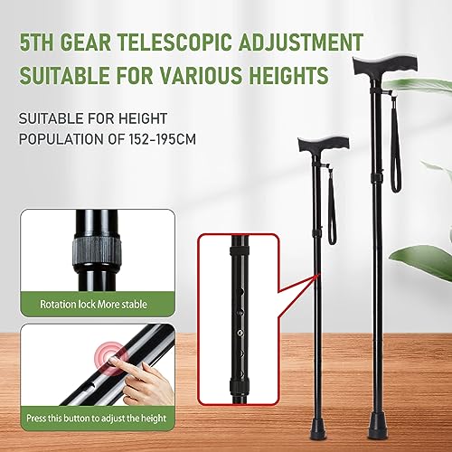 Kitchasy Foldable Walking Cane with 5-Level Adjustable Height,Collapsible Cane, Portable Hand Walking Stick, Balancing Mobility Aid, Lightweight and Sturdy Walking Stick with T Handles for Men, Women