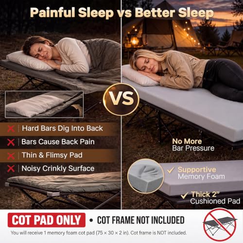 CYMULA Camping Cot Pad, Pad Only 2 Inch Memory Foam,Camping Pad for Folding Cot and Foldable Cot, Portable Roll Up Camp Gear for Car Camping Travel Tent, Non-Slip Waterproof Bottom, Removable Cover - Image 2