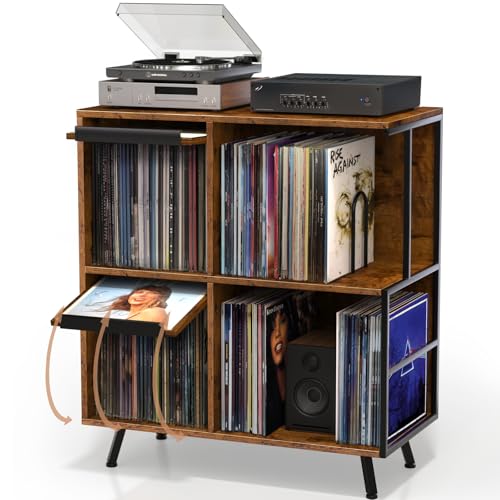 Image of Faesun 3 Tier Flip Top Record Player Stand, Vinyl Record Storage Holds up to 300+ Albums, Large Record Player Cabinet, Vintage Turntable Stand with Vinyl Display, for Living Room Bedroom, Rustic Brown