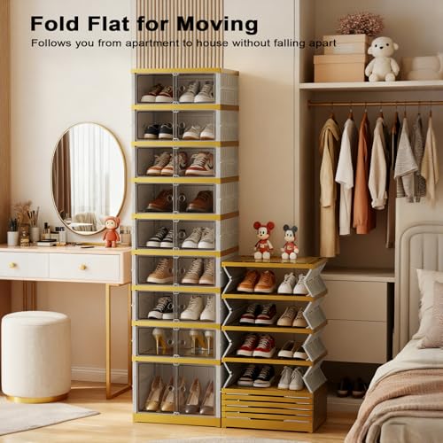 Image of SYNCVIBE Shoe Rack Organizer for Closet Entryway Foldable Sneaker Storage Shoe, Collapsible Shoe Cabinet, Stackable Shoe Storage Cabinet with Lids for Living Room (9 Tiers -18 Pairs White Gold)
