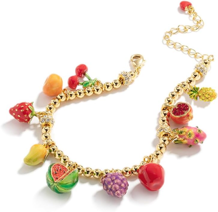Enamel Fruit Strawberry Orange Charm Bracelet Handmade Jewelry Gift Juicy Grape Mothers' Day