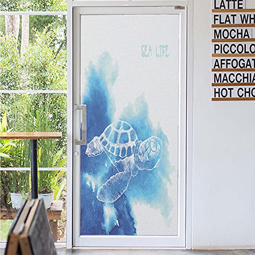 Turtle Pattern Window Film,Swimming Reptiles Drawn With Aquarelle Effect Sketch Style Animal Design Window Film Sun Blocking,For Bathroom Shower Kitchen Room Office,35.4" X 78.7" Navy Blue Pale Blue #TOP7