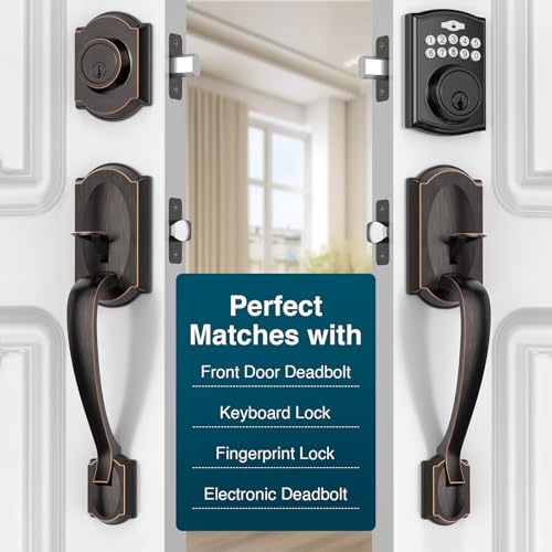 Image of Front Door Handle, Exterior Door Handle with Passage Lever, Vintage Front Entry Door Handle No Lock, Reversible for Left & Right Handed Doors, Lower Half Grip, Oil Rubbed Bronze