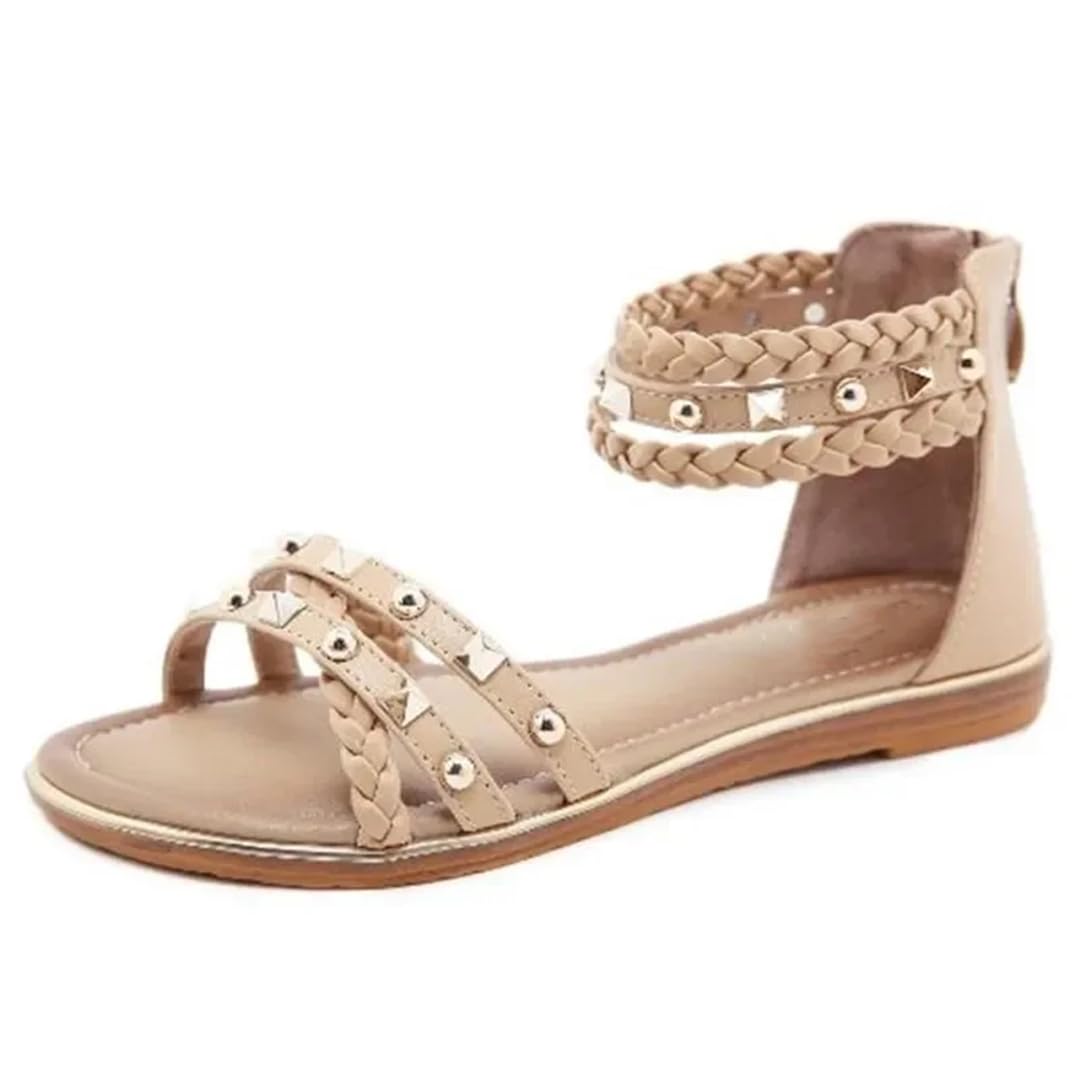 Sandalias étnicas con banda elástica para mujer, con correa de tobillo, tacón plano, con parte lateral abierta, estilo étnico, con remache superior, tejidas, retro, romanas, informales, de verano