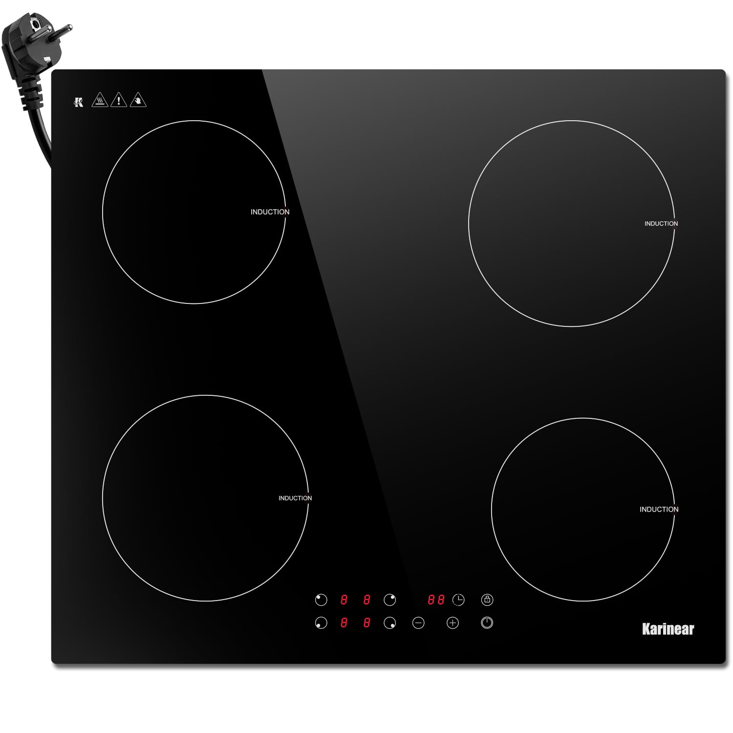 Karinear Induction Hob 4 Fires 60 cm, Touch Controls, Child Safety Lock, 9 Position Heating, Black Glass, Plug-in (3500 W)