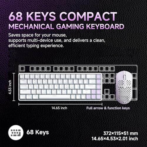 Image of DIERYA DK68 60% Wireless Mechanical Gaming Keyboard, 3-Mode, Bluetooth 5.0 /2.4G /USB-C, RGB Backlit, 68-Key Compact Mini for Windows, Mac, Linux - Linear Red Switch - White