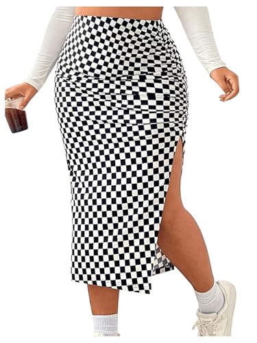 WDIRARA Women's Plus Size Checkered Ruched Midi Skirt High Waist Split Thigh Pencil Skirts Black and White XX-Large Plus