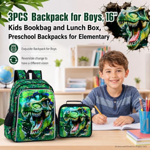 Image of 3Pcs Boys Backpack, 16 inch Dinosaur Bookbag for Elementary Preschool Kindergarten, Dino Kids School Backpacks with Lunch Box(Green)