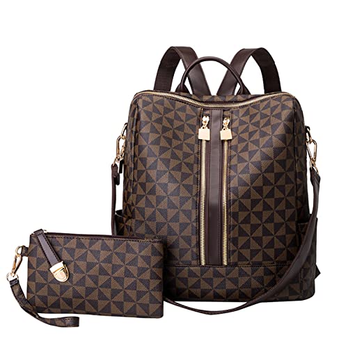 Mochilas femininas moda bolsa de couro PU design multiuso bolsa conversível mochila de viagem bolsa e bolsa 2 peças (Castanho)