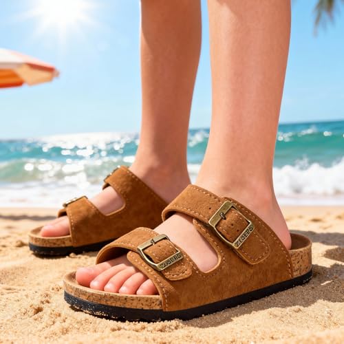 Image of ZUSERIS Kids Toddler Sandals Boys Girls Summer Slides | Soft Cork Footbed, Non-slip,Adjustable Straps,Comfort Suede Leather,Lightweight
