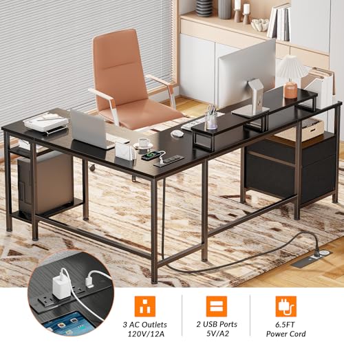 Image of Furologee 66 inch L Shaped Desk with Power Outlet, Reversible Computer Gaming Desk with File Drawer & 2 Monitor Stands for Home Office with Storage Shelves, Black