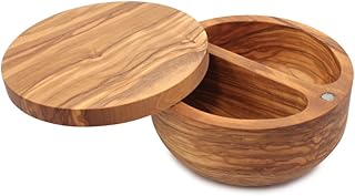 Swissmar Palermo Olive Wood Salt Keeper – Dual Compartment with Magnetic Swivel Lid, Countertop Spice Jar for Sugar, Spices, Seasonings, Kitchen Storage Canister, 8.8 oz - 260 ml