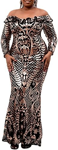 Women's Plus Size Sequin Dress Off Shoudler Long Sleeve Party Prom Formal Mermaid Maxi Dresses Gowns Gold