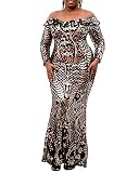 Women's Plus Size Sequin Dress Off Shoudler Long Sleeve Party Prom Formal Mermaid Maxi Dresses Gowns