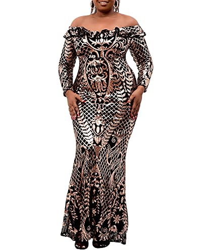 Women's Plus Size Sequin Dress Off Shoudler Long Sleeve Party Prom Formal Mermaid Maxi Dresses Gowns Gold #TOP3