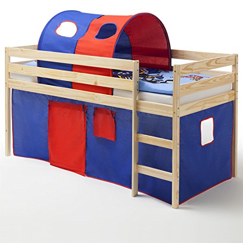 Lit surélevé lit enfant ERIK avec rideaux tunnel bleu rouge pin massif vernis naturel
