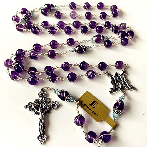 elegantmedical Handmade 925 Sterling Silver Wire Wrapped Amethyst Rosary Beads Necklace Cross & Gift Box4