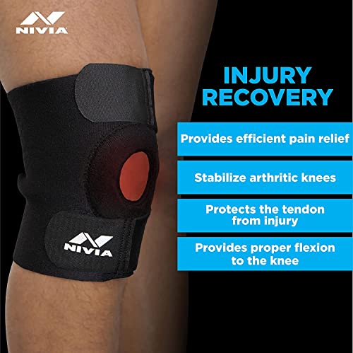 Image of Nivia Basic Knee Patella Support with Velcro (Free Size, Black), Orthopedic Adjustable Ankle Support (Free Size) Plain Encounter Football Stockings (Blue /White) Size-L