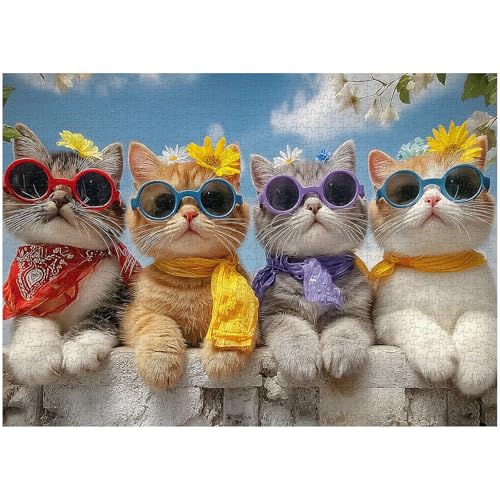Rompecabezas Funny Cats para adultos, 1000 piezas, gatitos lindos con flores de primavera y gafas de sol, rompecabezas difíciles de animales acogedores de Larkipuzz para decorar paredes en el hogar miniatura 2