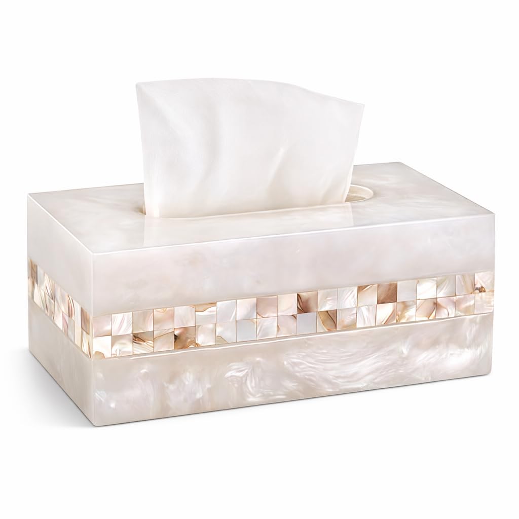 Luxury Tissue Box Cover, Tissue Box Holder,Tissue Holder for Bathroom,Marble Tissue Box Decorative,Set-Rectangular Hand-Polished with Gold Mother-of-Pearl Shells，Villa Gift, Bathroom Accessory Set