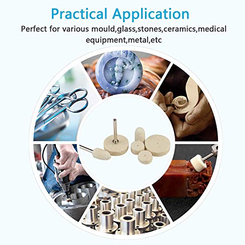Image of DIY Crafts Mix Wool Felt Polishing Pad and Ceramic 3 Pieces Felt Mounted Mandrel Set Grinding Head Buffing Wheel for Rotary Tools Jewelry; Glass; Metal (Pack Of 90, Off White)