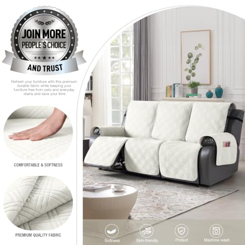 Image of TAOCOCO Waterproof Recliner Sofa Cover Non Slip for Reclining Couch 3 Seat | 100% Waterproof & Washable Split Couch Cover for Dogs & Pets, 3-Piece Recliner Chair Covers with Straps & Pockets, Ivory