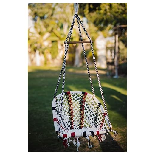 Patiofy Made in India Large Size Swing Chair with Free Hanging Accessories Kit/Cotton Rope Hanging Chair Hammock/Jhula for Indoor and Outdoor/Swing for Kids/Adults/Home (Capacity 120 Kgs, White-Red)