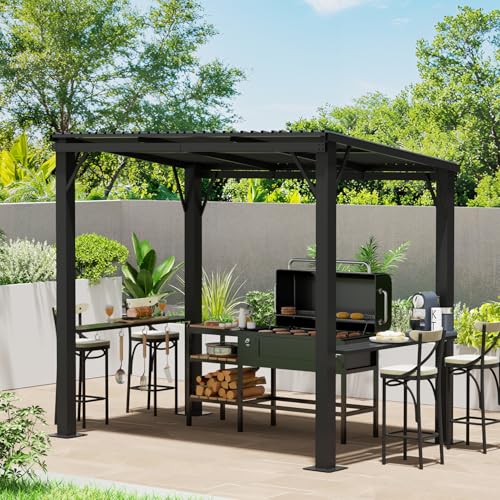 EBE 5x8 Hardtop Grill Gazebo Outdoor Gazebo with Side Shelves BBQ Grill Canopy with Bottle Opener & Hooks Metal Gazebo Pergola for Patio Backyard Deck