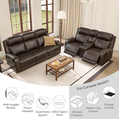 Image of CHITA Genuine Leather Power Recliner Sofa, 3 Seater with Console, Brown