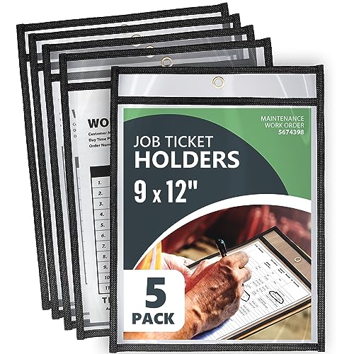 5 Pack Job Ticket Holders 9X12 - Work Order Plastic Sleeves For Documents - Shop Ticket Holders - Dry Erase Pocket Sleeves - Dry Erase Pockets - Dry Erase Sleeves - Clear Pocket Sleeves #TOP12