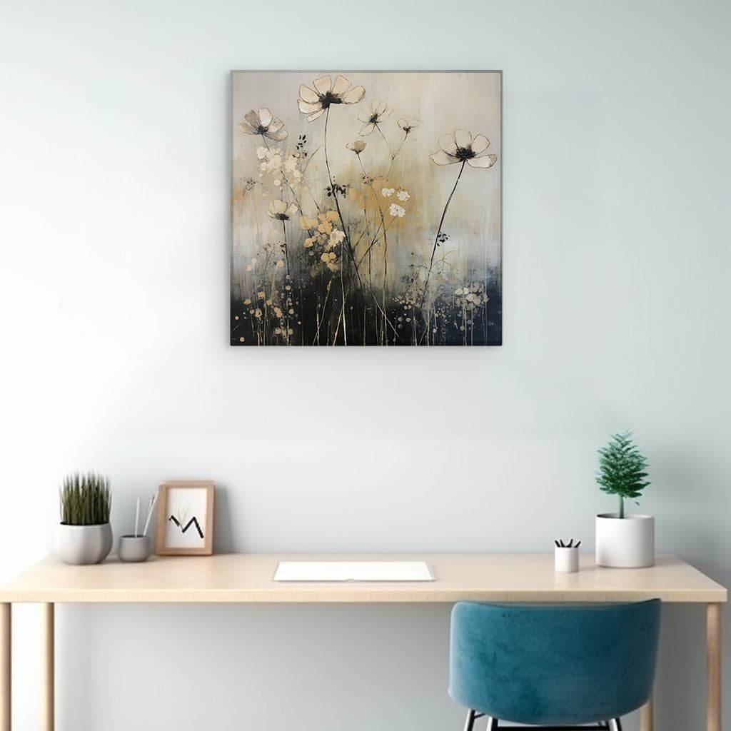 Canvas for Living room. Dreamy Blossoms in Monochrome: An Abstract Dance of Nine Flowers, 27 x 18 inch Canvas Wall Art - Contemporary Masterpieces - Modern Home Decor