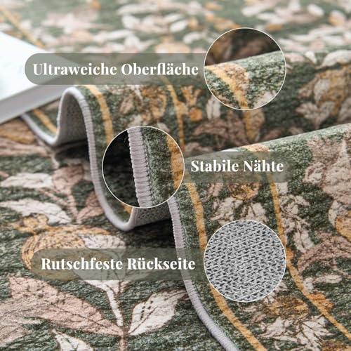 TOPICK Blume Fußmatte Waschbar Fussmatte Innen Kurzflor Retro Vintage Orange-Grün Romantisch Teppich 60x90cm Antibakterieller Faltbar rutschfest Türmatte für Haustür Küche Patio Flur Schlafzimmer