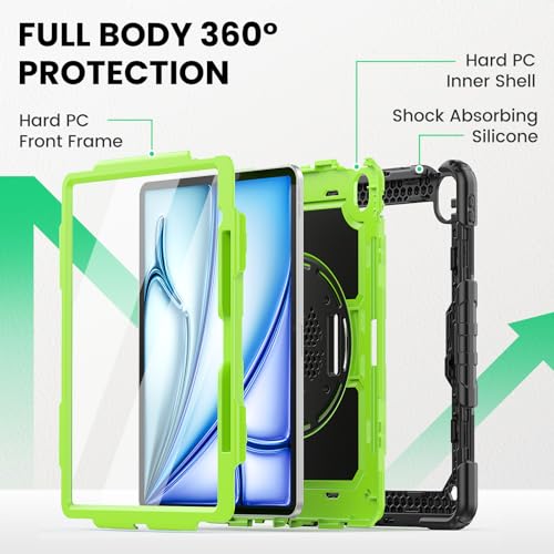 Image of SEYMAC for iPad Air 13 Inch Case M4 / M3 / M2 (2026 /2025 / 2024), Heavy Duty Shockproof Protective Case with Screen Protector, 360 Rotating Stand, Hand /Shoulder Strap and Pen Holder, Green