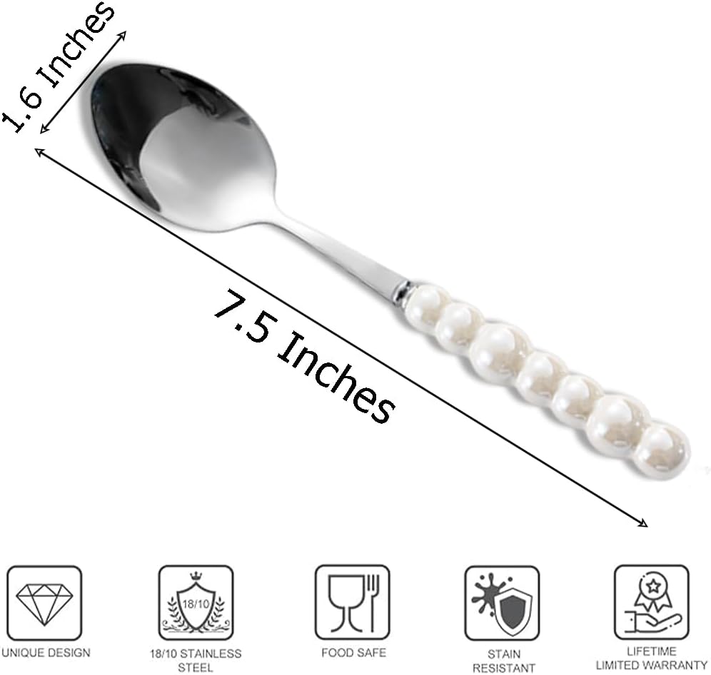 Ouliget Stainless Steel Spoons, Ceramic Handle Spoon, Korean Dessert Spoon with Imitation Pearl Handle, 7.5 Inches,4 Pieces (White)