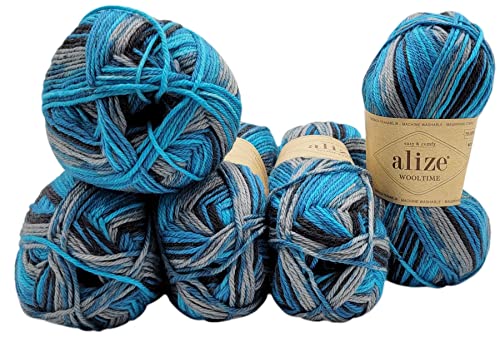 Ilkadim Export 5 x 100 Gramm Sockenwolle Alize Wooltime mehrfarbig, 75% Superwash Wolle, 500 Gramm Strickwolle für Stricksocken und Strümpfe (türkis schwarz grau 11017)