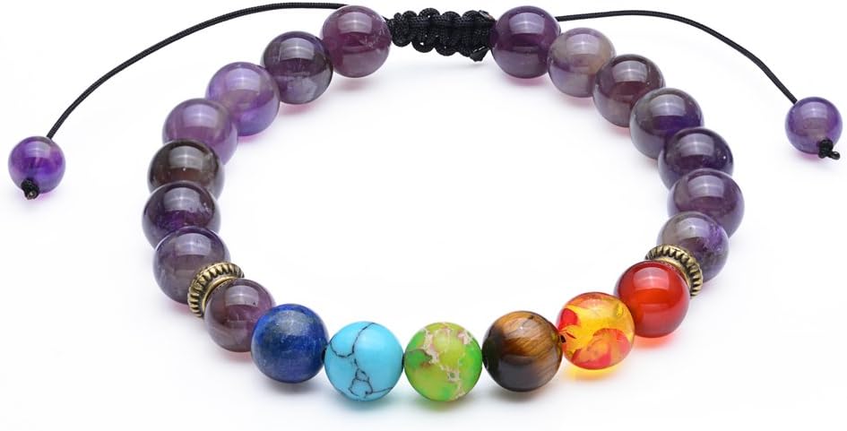 SROMAY 8mm Seven Chakra Amethyst Bead Bracelet - Braided Rope Natural Gemstone Healing Yoga Bracelet