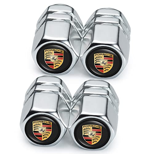 4 Pièces Capuchon de Valve Auto Bouchons de Valve,Métal Bouchons de Valve Voiture avec Logo Compatible avec Porsche Panamera Cayenne Macan Boxster Taycan Cayman 718 911,Accessoire de Pneu,Argent Cover