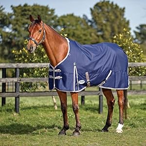 WeatherBeeta ComFiTec Essential Standard Neck Medium/Lite Horse Blanket, Navy/Silver/Red, 72″
