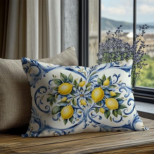 Image of Summer Lemon Coastal Pillow Cover 12x20 Double-Sided,Italian Lemon Fruit Home Decor,Blue and Yellow Amalfi Coast Party Decorative Lumber Throw Pillow Cover for Home Bedroom Living Room
