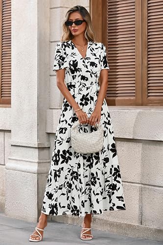 Image of MASCOMODA Women Boho Swiss Dot Maxi Dresses Wrap V Neck Flutter Short Sleeve Solid Tie Waist A Line Tiered Flowy Long Dresses