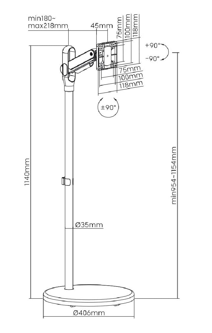 Reflexion BV05 - Soporte de TV para televisores móviles, Altura Ajustable con Muelle de Gas, Giratorio e inclinable ±90°, VESA 75/100, para 16 – 32 Pulgadas, con Ruedas en la Base, Capacidad de Carga