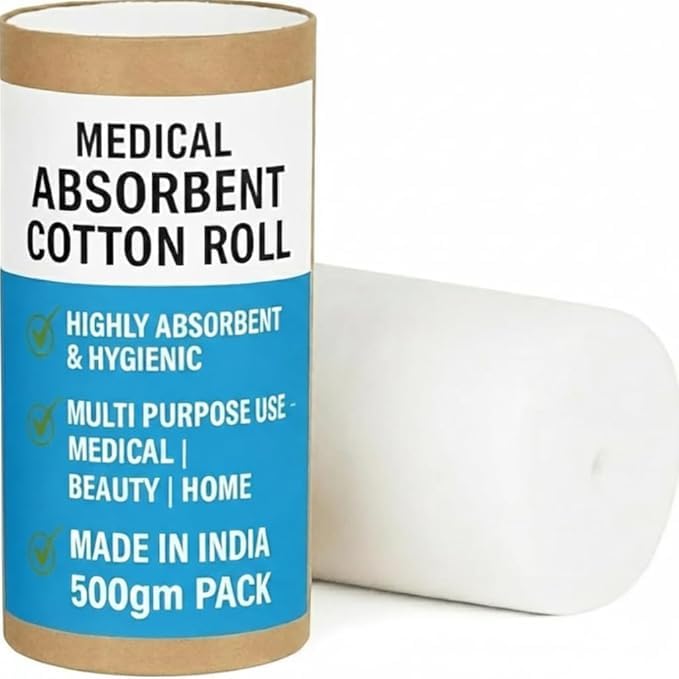 Image of Absorbent Cotton Roll 500gm for Medical Use - 100% Pure, Soft & Non-Sterile for First Aid, Wound Dressing, Baby Cleaning, Clinics, Puja, Diya & Samagri | For Face Cleansing use