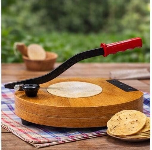 Wooden Manual Heavy Round Wooden Board Papad-Puri-khakhra Press Maker Plywood Machine with Iron Handle Roti Maker Press Machine with Handle for Kitchen Home