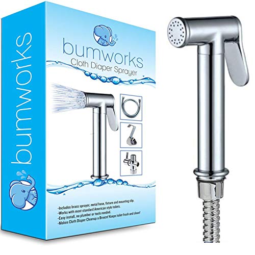 Bumworks Cloth Diaper Toilet Sprayer Kit - Brass Chrome Hand Held Bidet w/Metal Hose, T-Valve (7/8 inch), and Mounting Clip Attachment Adapter (3-Way Valve)