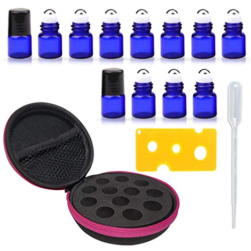 Round Hard Shell Case for 1/4 5/8 DRAM Micro Mini Roll-on Glass Bottles with Metal Roller Balls - Refillable Aromatherapy Essential Oil Roll On (HOLDS 12 VIALS) (Blue bottle)