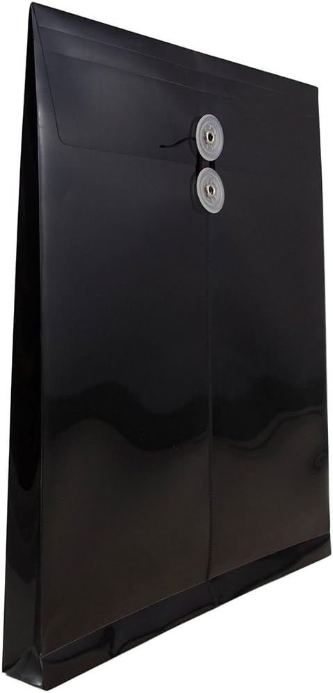 JAM PAPER Plastic Envelopes with Button & String Tie Closure - Letter Open End - 9 3/4 x 11 3/4 - Black - 12/Pack