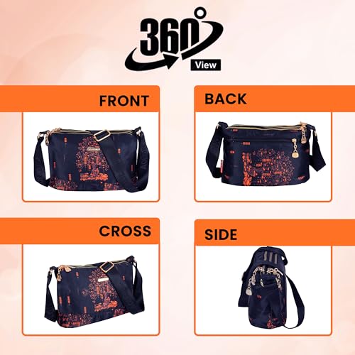 Image of Storite PU Leather Sling Bag, Crossbody Bag with Multi-Compartment for Women and Girls With Adjustable Shoulder Strap - (Orange Navyblue, 28.5x18x11 cm)