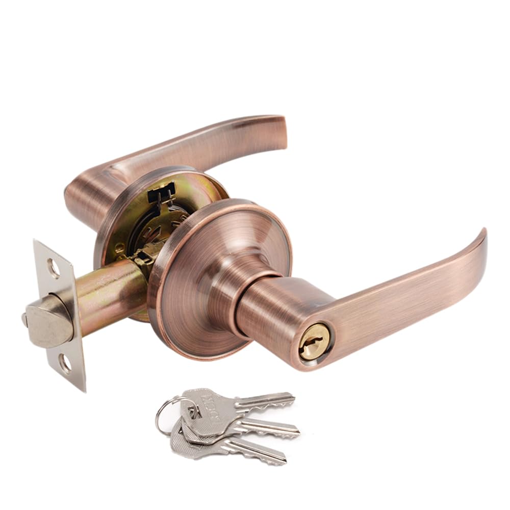 Door Lever Handle Lock, Stainless Steel 30-50mm Door Knob Latch with 3 Keys for Bedroom, Stoarge Room and Bathroom (Light Red)